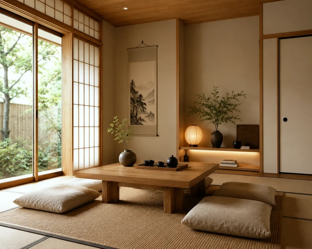 Japanese-inspired living room with neutral floor cushions, a low natural-wood table, and understated decor.