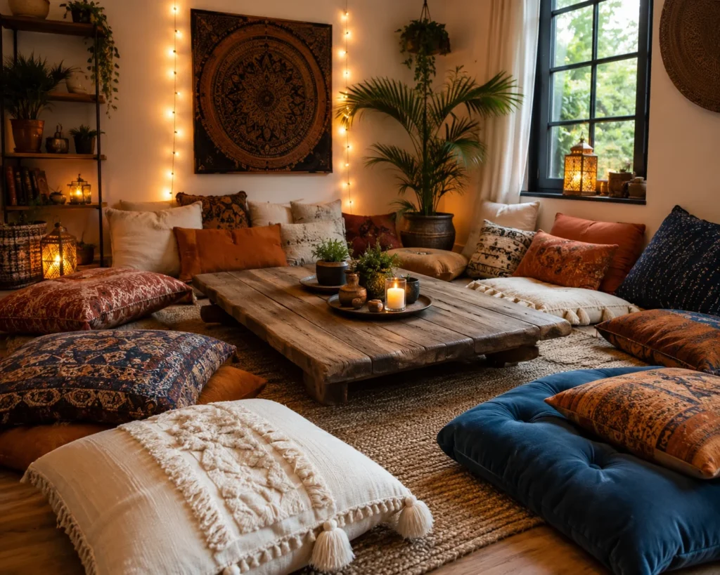 Cozy living room with floor pillows and poufs arranged around a rustic wooden coffee table.