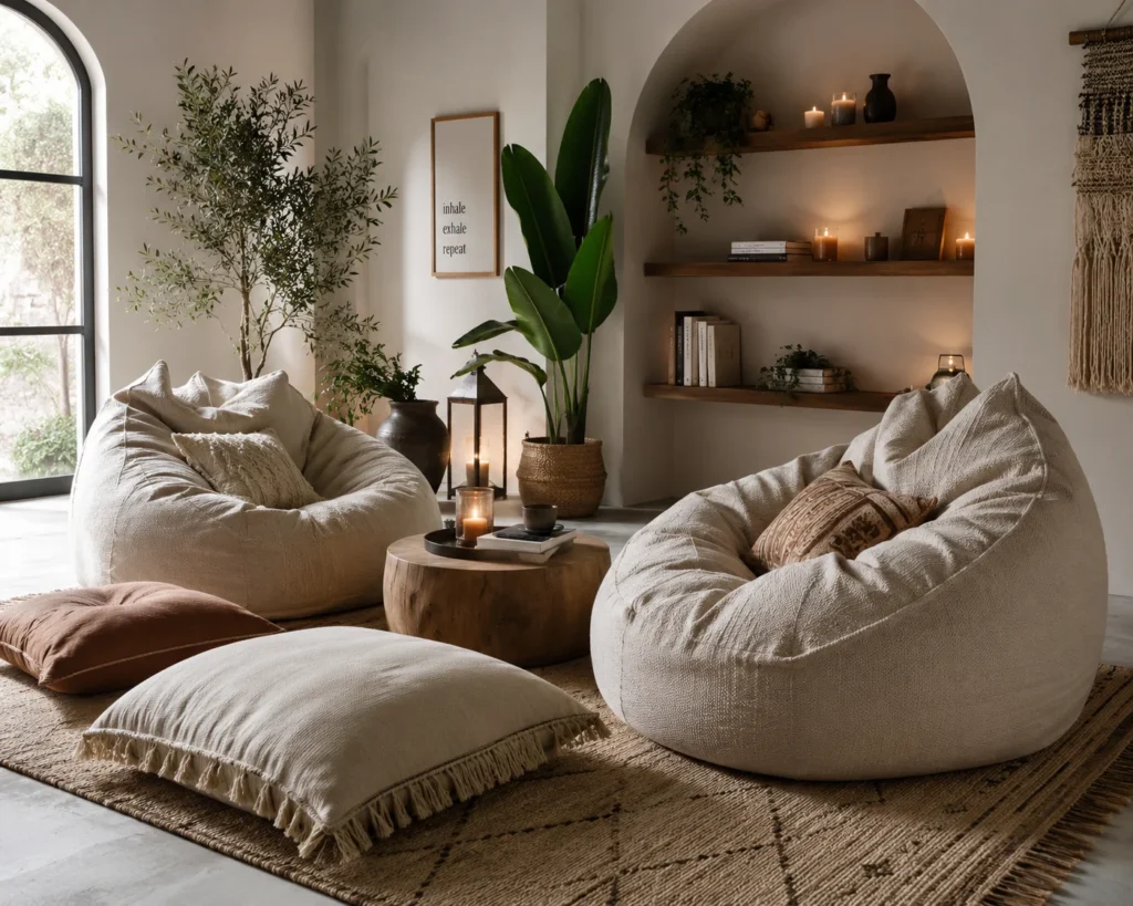 Relaxed boho lounge corner with oversized neutral bean bags, soft floor cushions, and a textured rug.