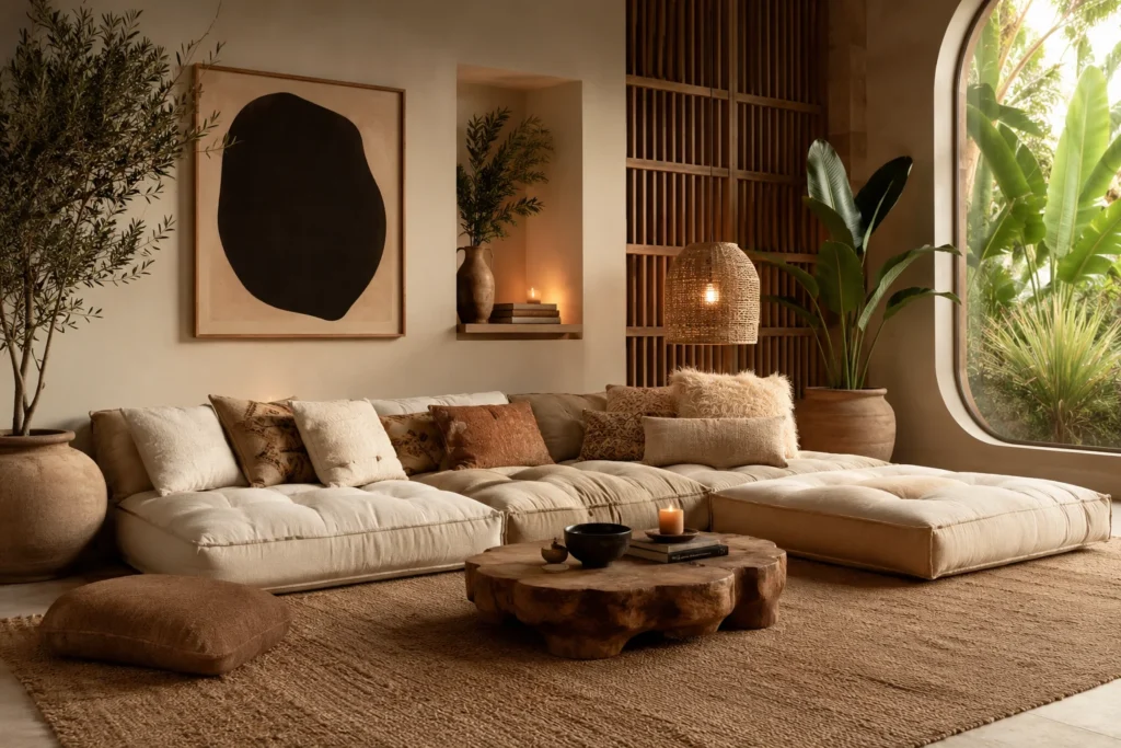 Modern floor couch living room with modular low seating, soft neutral cushions, and a cozy boho atmosphere.