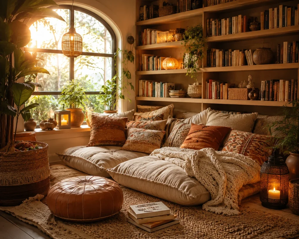 Cozy floor-level reading lounge with oversized pillows, nearby bookshelves, and a warm reading lamp.