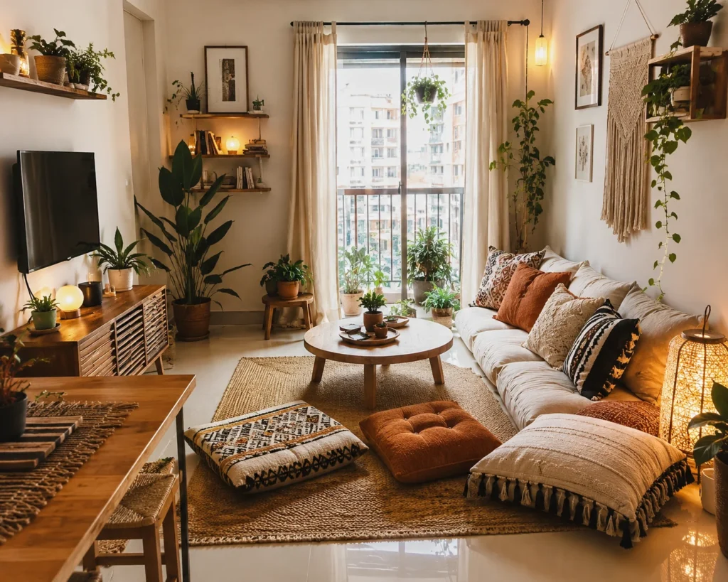 Small apartment living room with compact floor seating, stackable cushions, and lightweight furniture.
