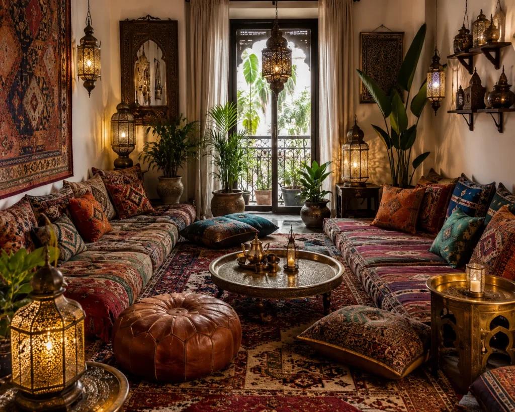 Moroccan-inspired floor seating lounge with embroidered cushions, colorful textiles, poufs, and lantern-style lighting.