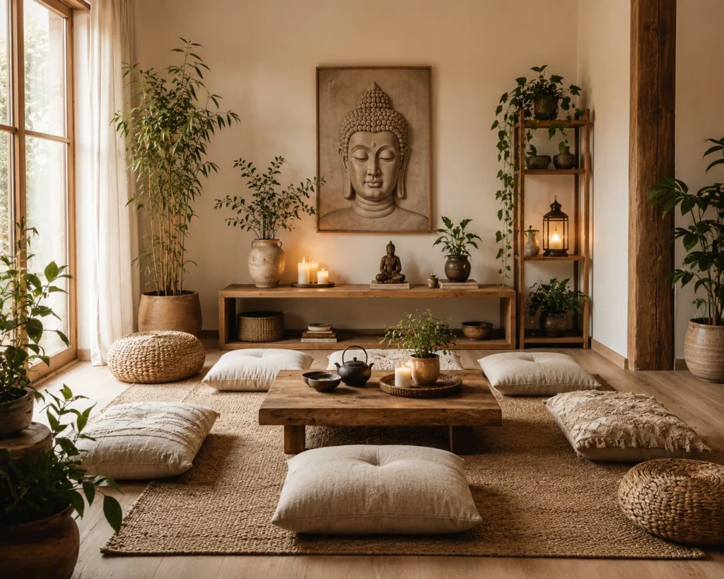 Peaceful meditation living room with neutral floor cushions, a simple mat, and minimal natural decor.