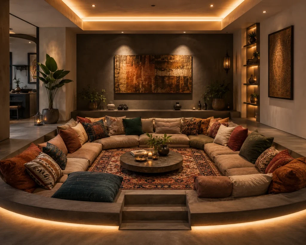 Conversation pit inspired living room with low floor seating arranged around a central rug and table.