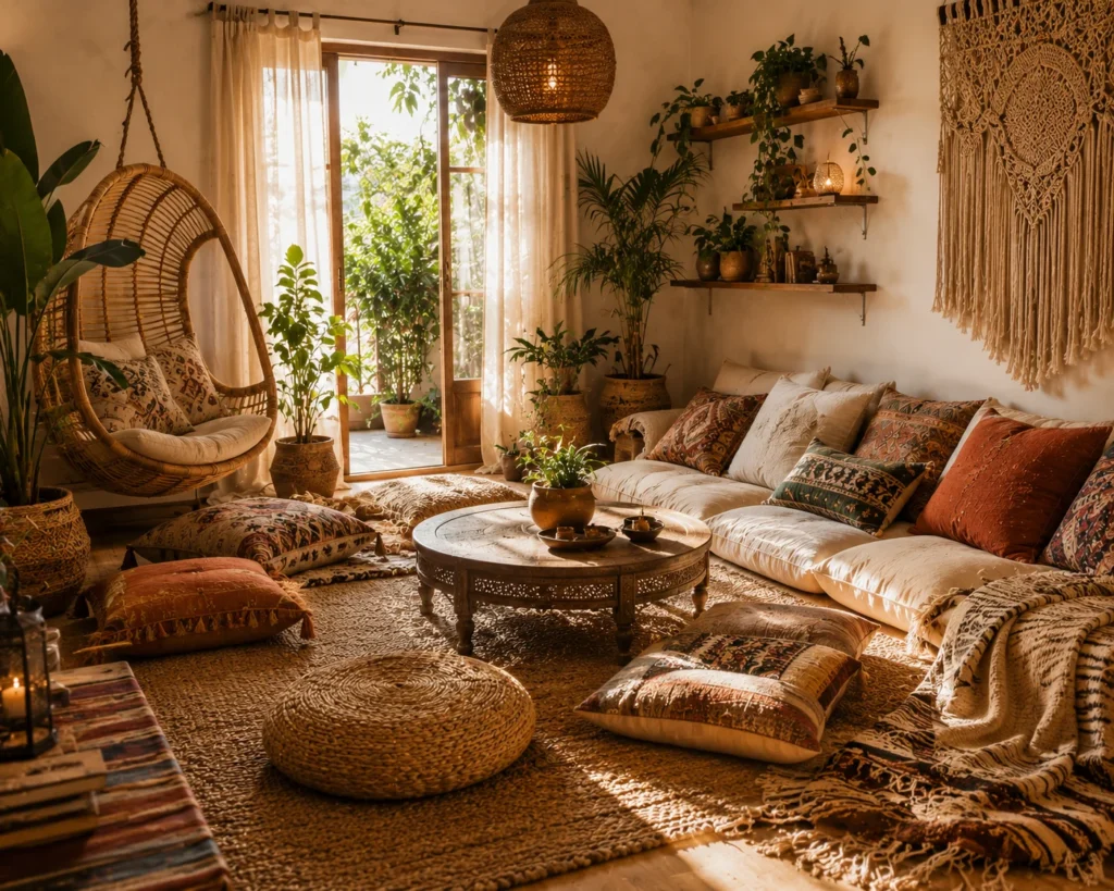 Boho living room combining low floor cushions with a hanging rattan-style chair and natural woven decor.