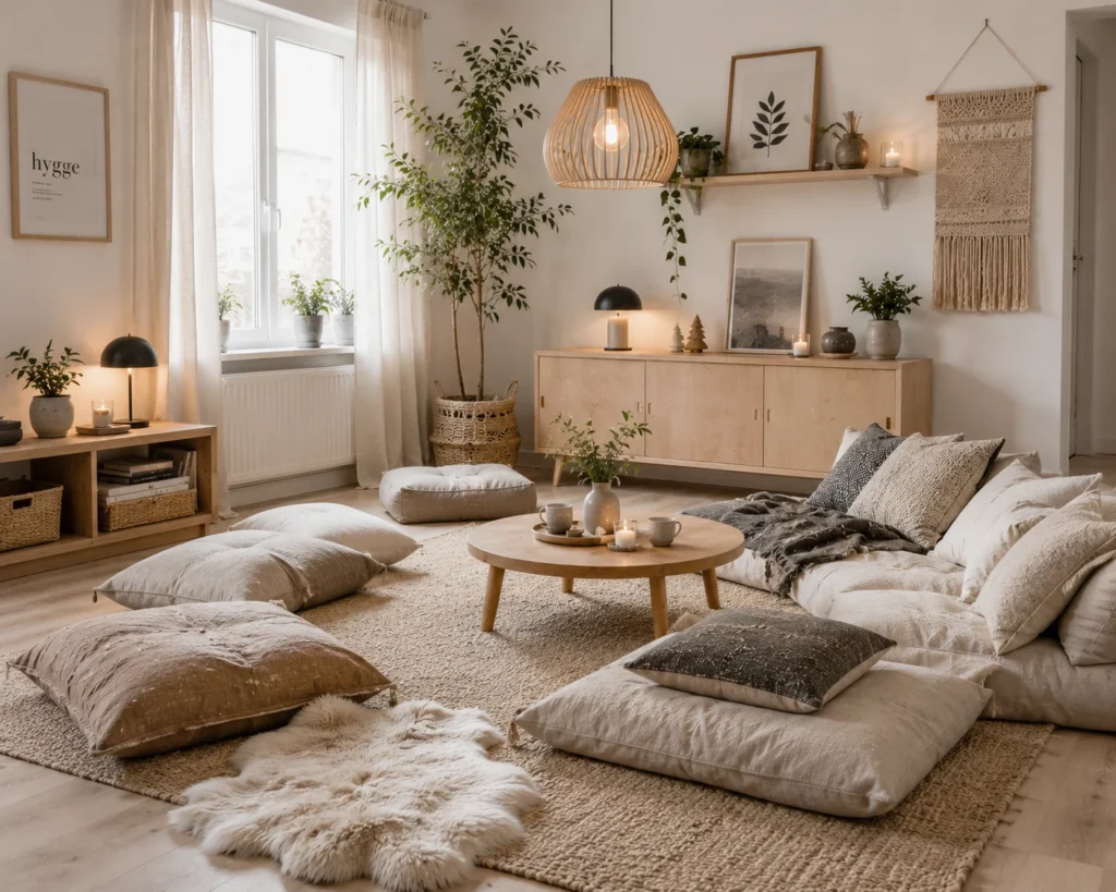 Scandinavian floor lounge with ivory and gray cushions, a low oak table, and simple neutral furnishings.