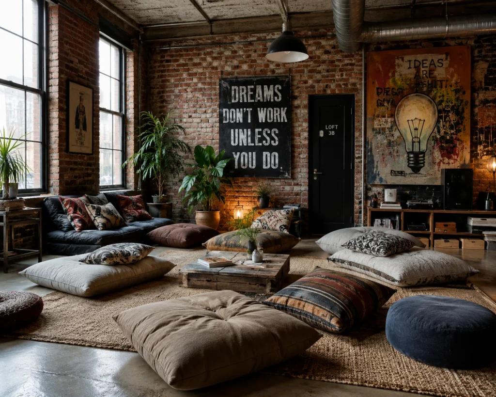 Loft-style living room with oversized floor cushions, industrial accents, warm wood, and a textured rug.