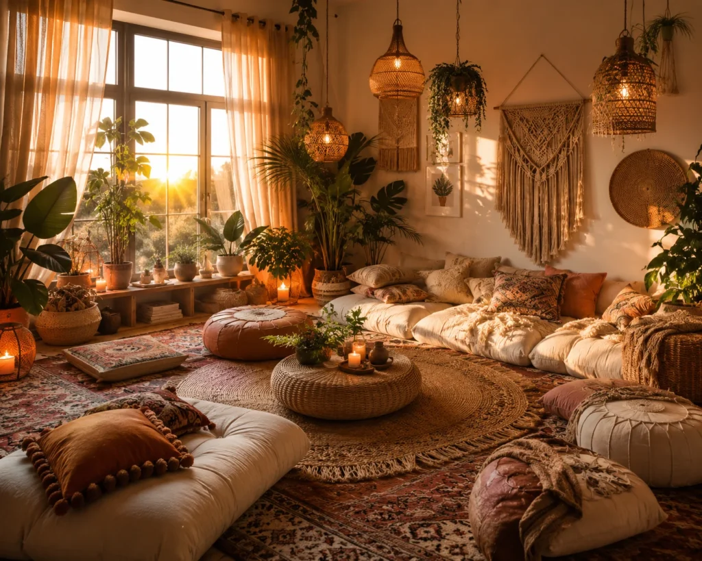 Cozy boho floor seating living room with layered cushions, poufs, warm lighting, plants, and natural textures.