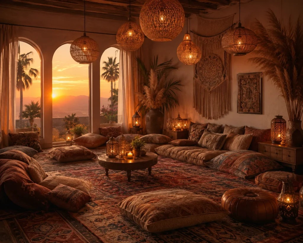 Sunset-inspired boho living room with oversized floor cushions, warm terracotta textiles, a layered rug, and low wooden furniture.