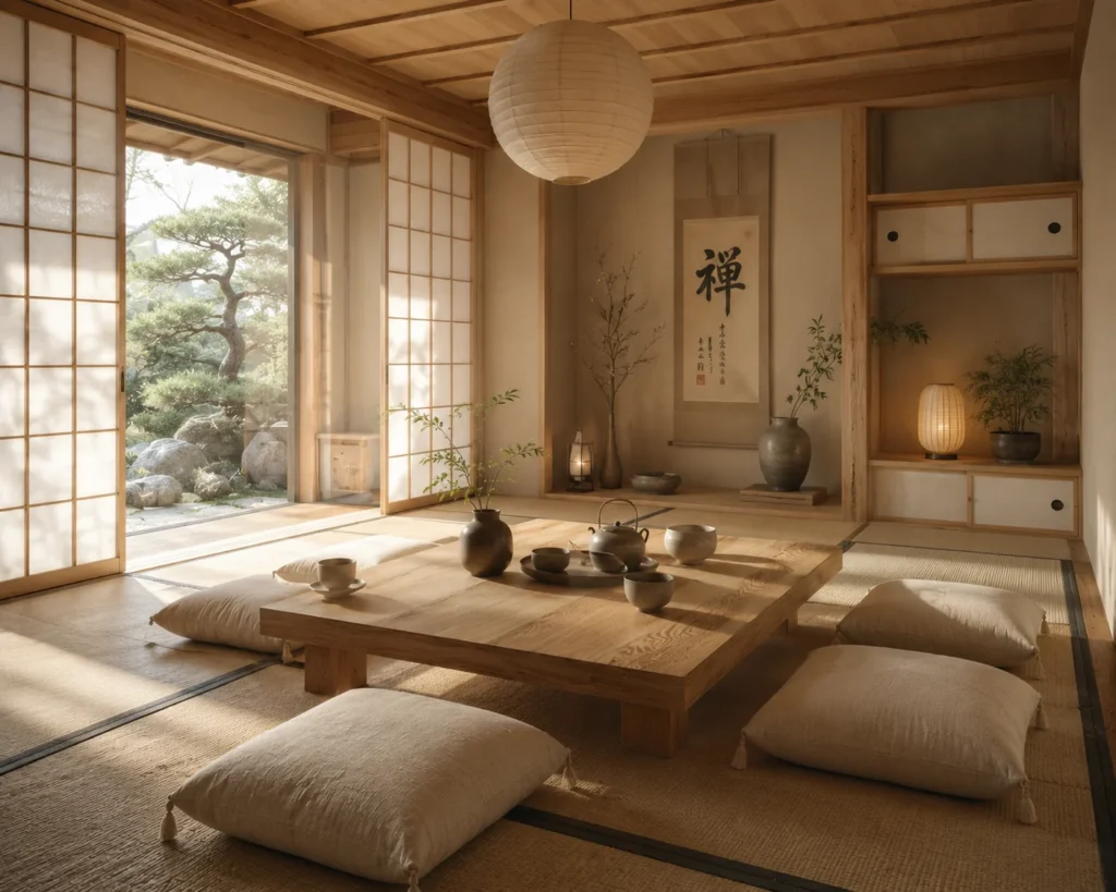 Japanese-inspired floor seating retreat with neutral cushions, a low oak table, and simple natural materials.