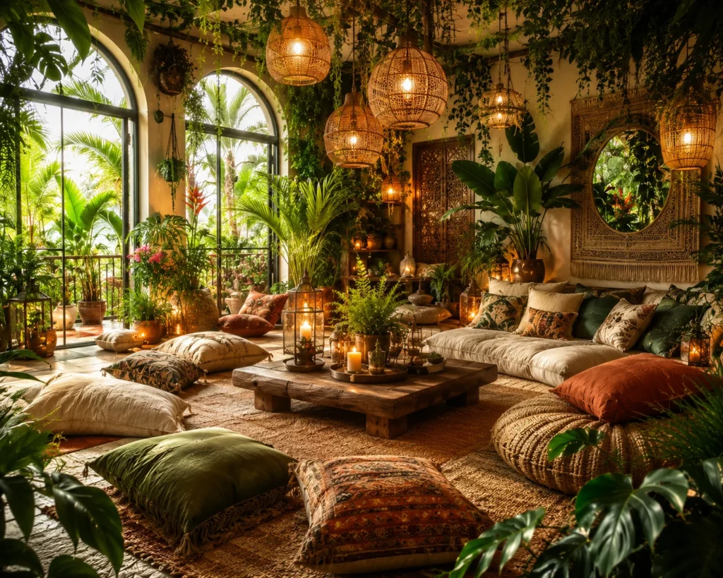 Indoor jungle floor lounge with large green houseplants, soft floor cushions, and layered natural textiles.