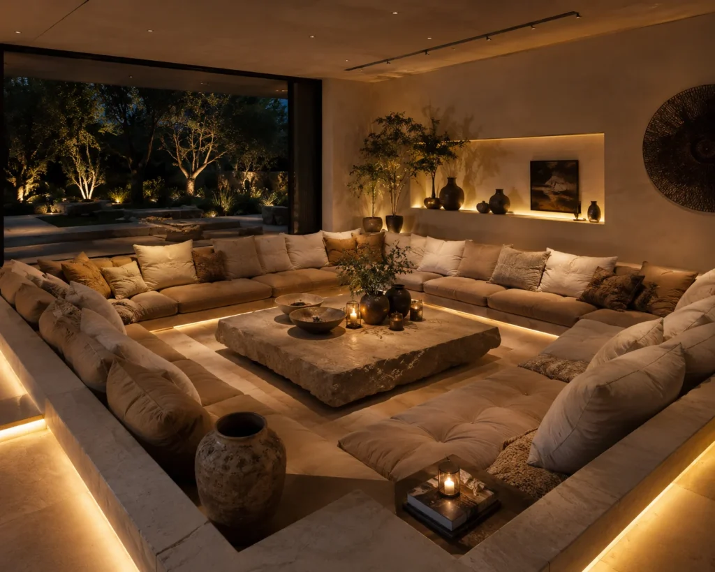 Conversation pit inspired living room with low cushions arranged in a square around a central coffee table.