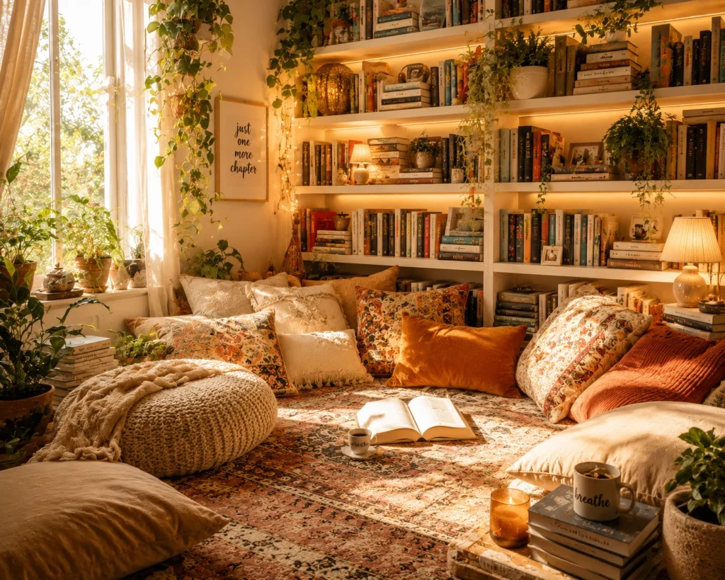 Cozy floor seating reading sanctuary with oversized cushions, nearby bookshelves, and soft layered lighting.
