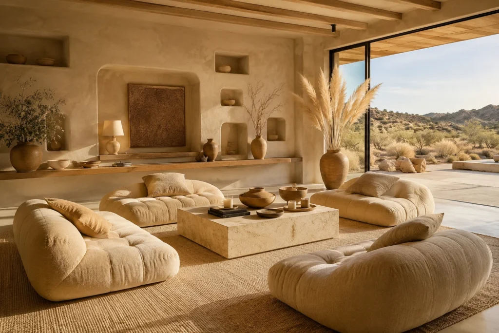 Desert modern floor lounge with sandy neutral cushions, warm textured walls, and low-profile furniture.