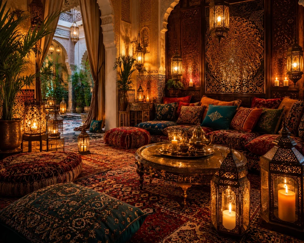 Moroccan-inspired floor lounge with colorful patterned textiles, upholstered poufs, and decorative lantern-style lighting.