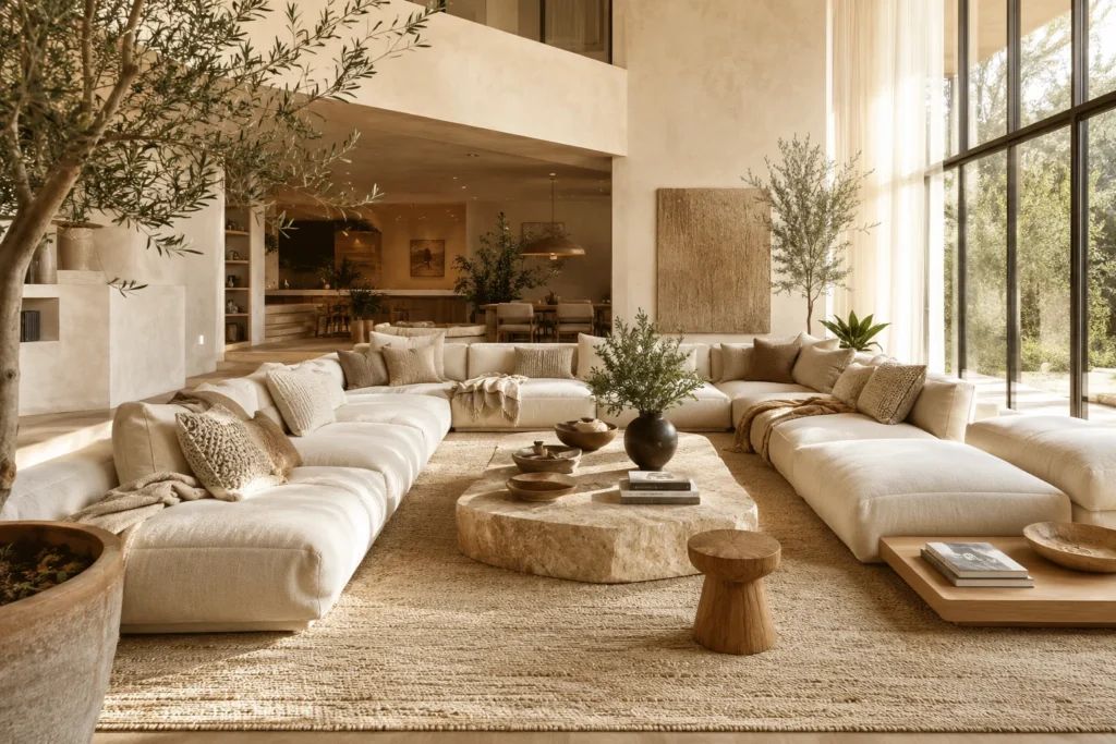 Cozy floor couch living room with low modular sofa cushions, soft neutral upholstery, and a textured rug.
