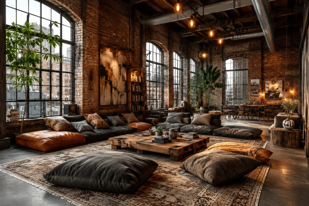 Industrial loft inspired floor lounge with oversized neutral cushions, warm wood furniture, and dark metal accents.
