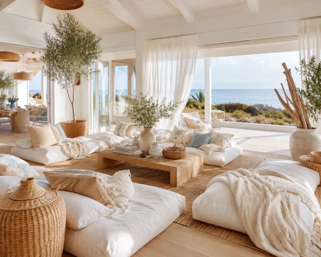 Coastal floor seating living room with ivory cushions, pale wood furniture, woven textures, and soft blue accents.