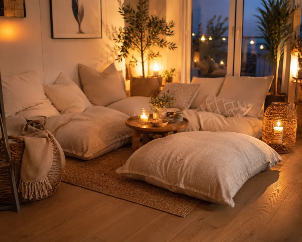 Dreamy evening floor lounge with soft cushions, warm lantern-style lighting, and a cozy low seating arrangement.