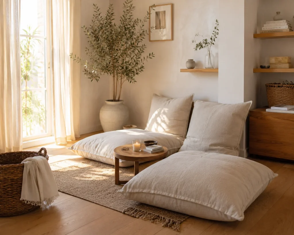 Minimal meditation living room with a supportive floor cushion, natural materials, and calm neutral colors.