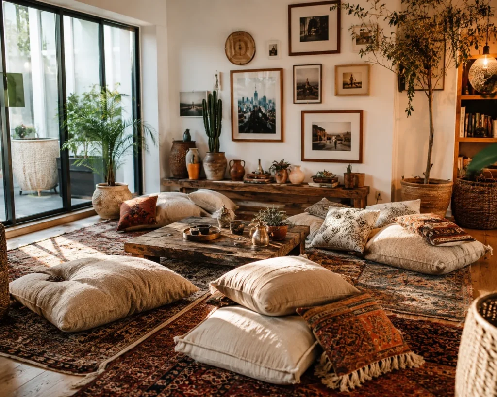 Eclectic travel-inspired floor lounge with layered patterned rugs, colorful cushions, and collected decorative objects.