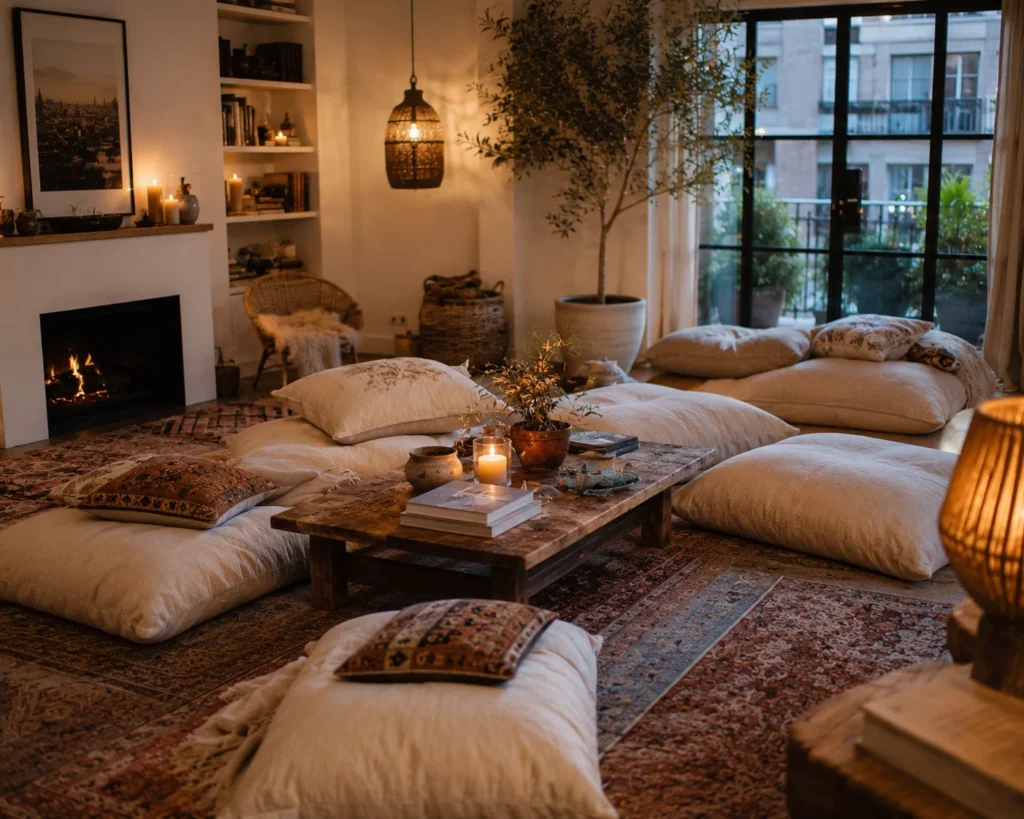 Dreamy boho living room with layered floor cushions, low wooden furniture, textured rugs, warm lighting, and natural accents.