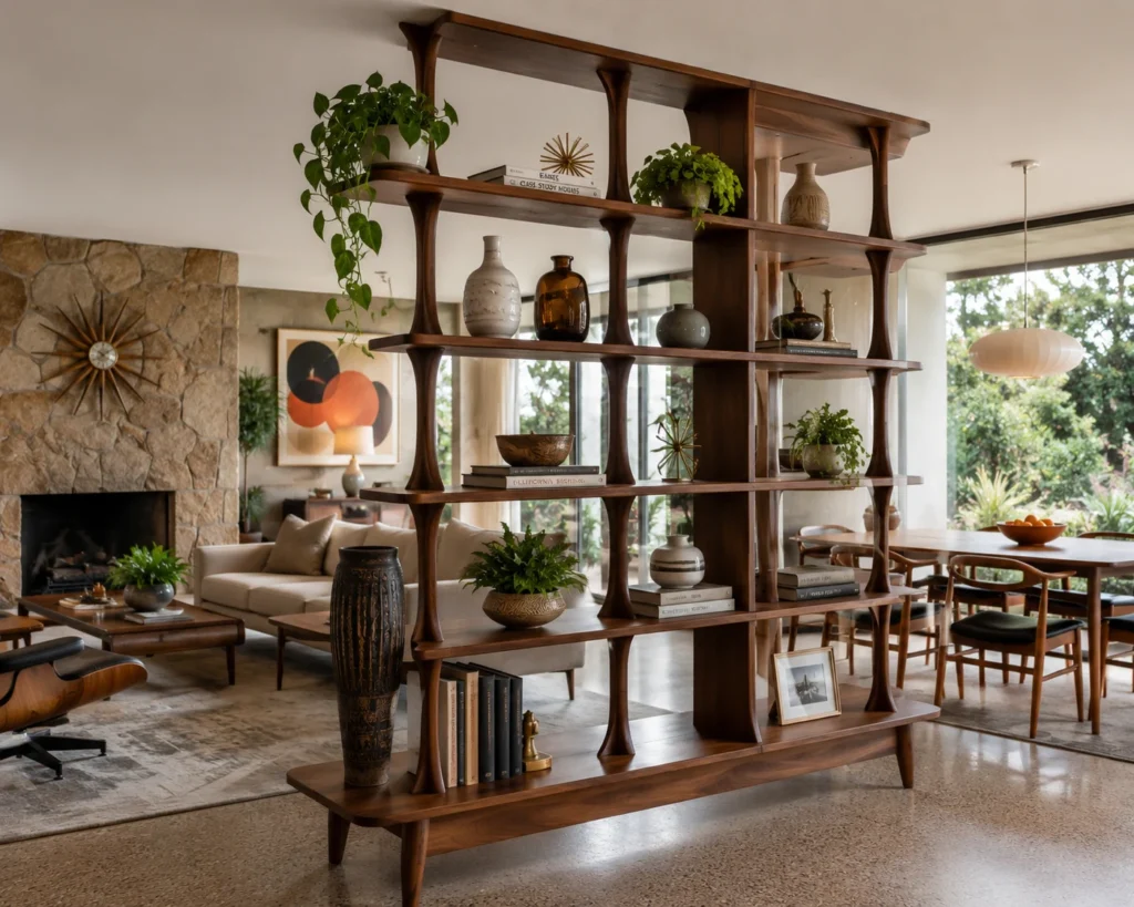 Mid-century walnut bookshelf divider with geometric open compartments between two living spaces.