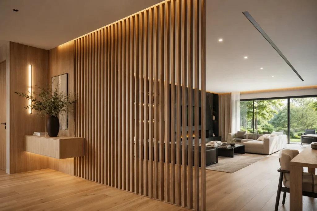 Floor-to-ceiling wood slat divider separating a living room while allowing light through.