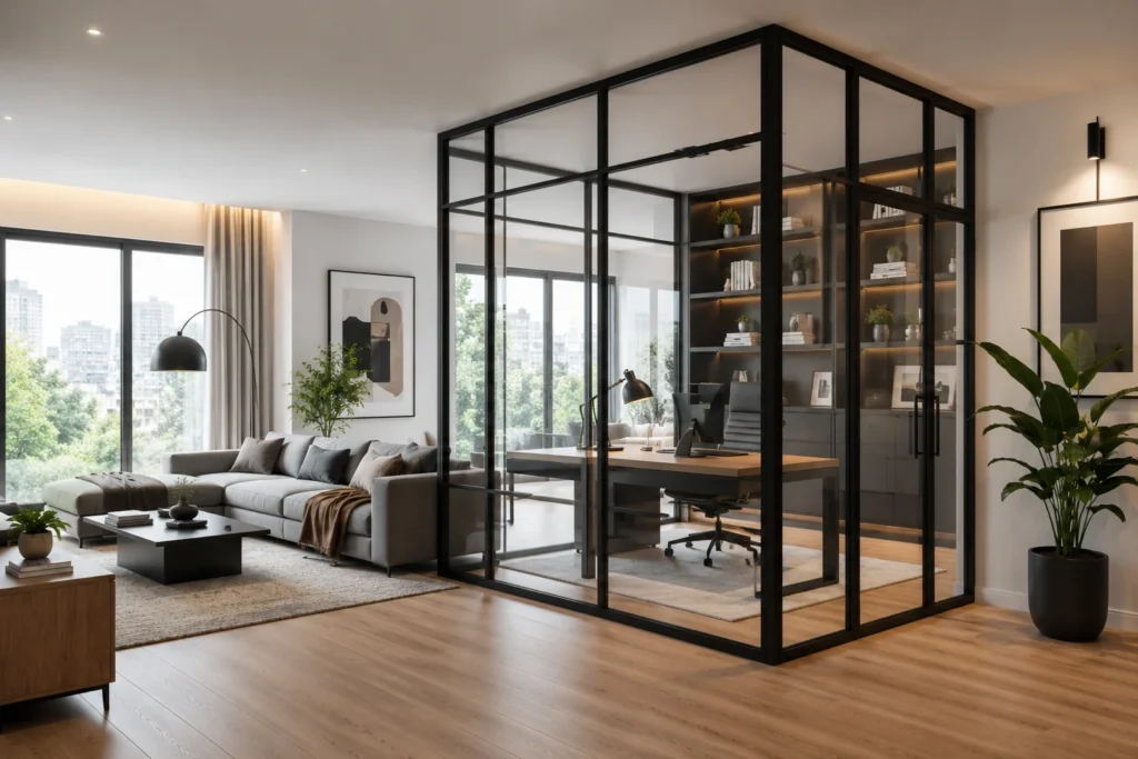 Black-framed glass partition dividing an open living area while preserving natural light.
