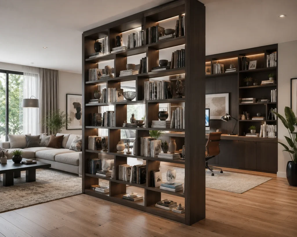 Double-sided bookcase divider with books, baskets, and display shelves accessible from both sides.