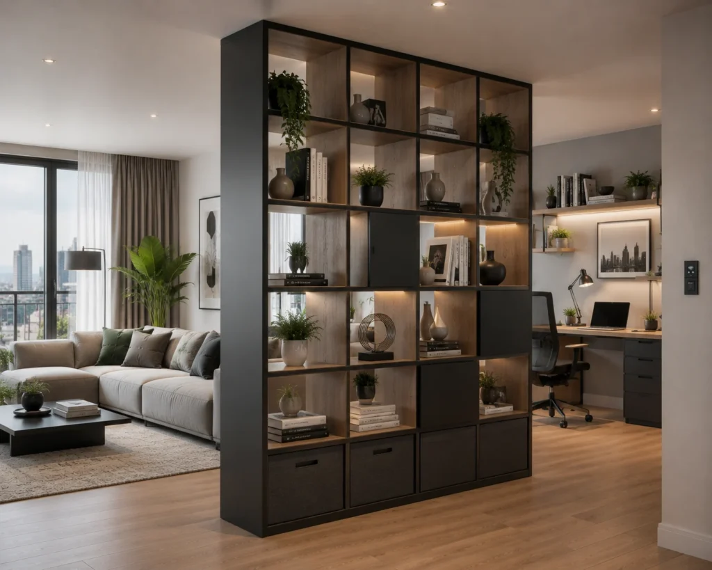 Cube storage room divider with open compartments, woven baskets, and decorative accessories.