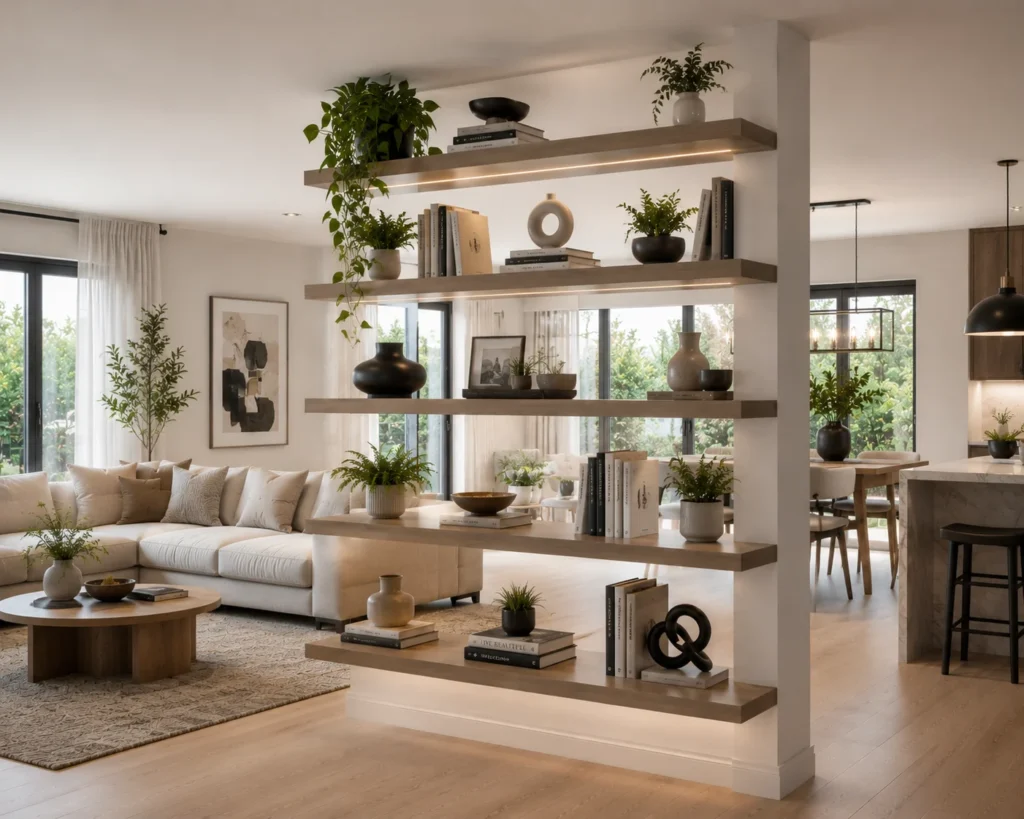 Open floating wood shelves forming a light and airy divider between living and dining spaces.