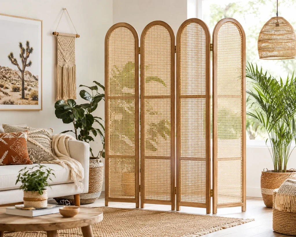 Framed cane and rattan folding divider with natural woven panels in a cozy interior.