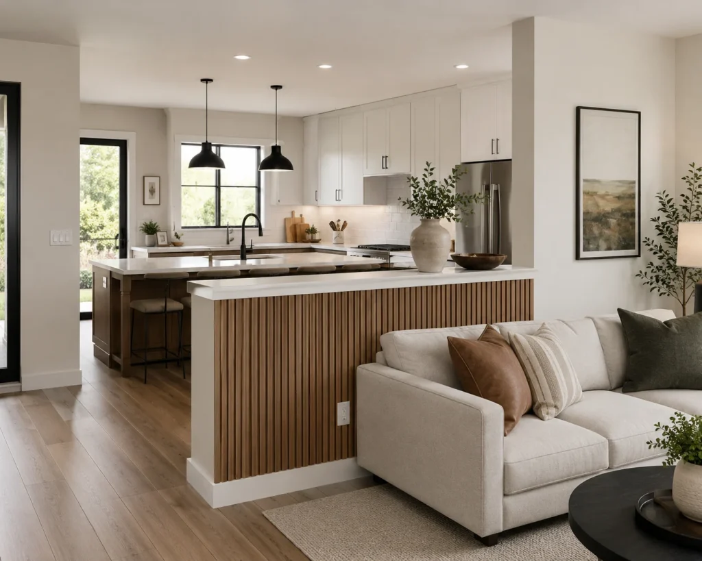 Half wall divider with smooth painted finish and wood cap separating an entryway and living room.