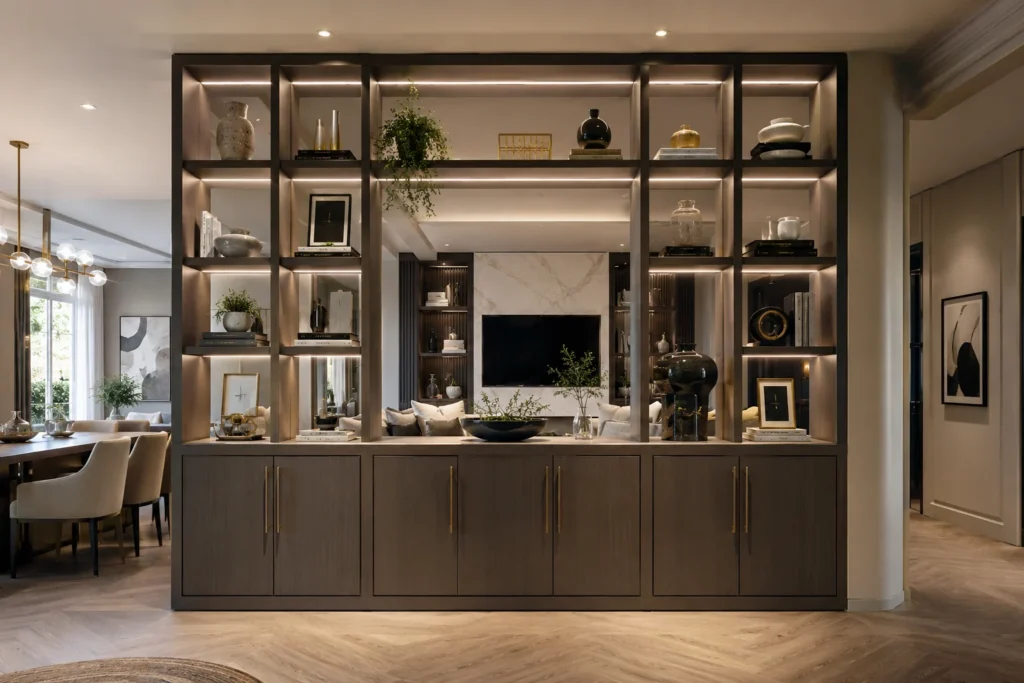 Built-in storage divider with closed cabinets and open display shelving between two rooms.