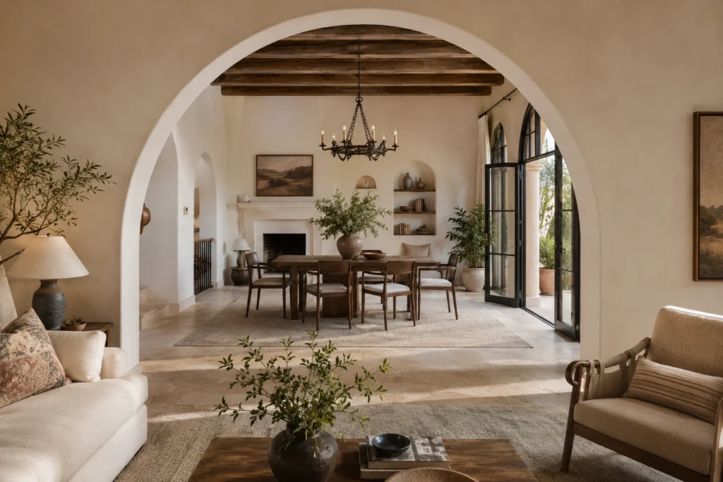 Architectural archway divider framing the opening between a living room and dining area.