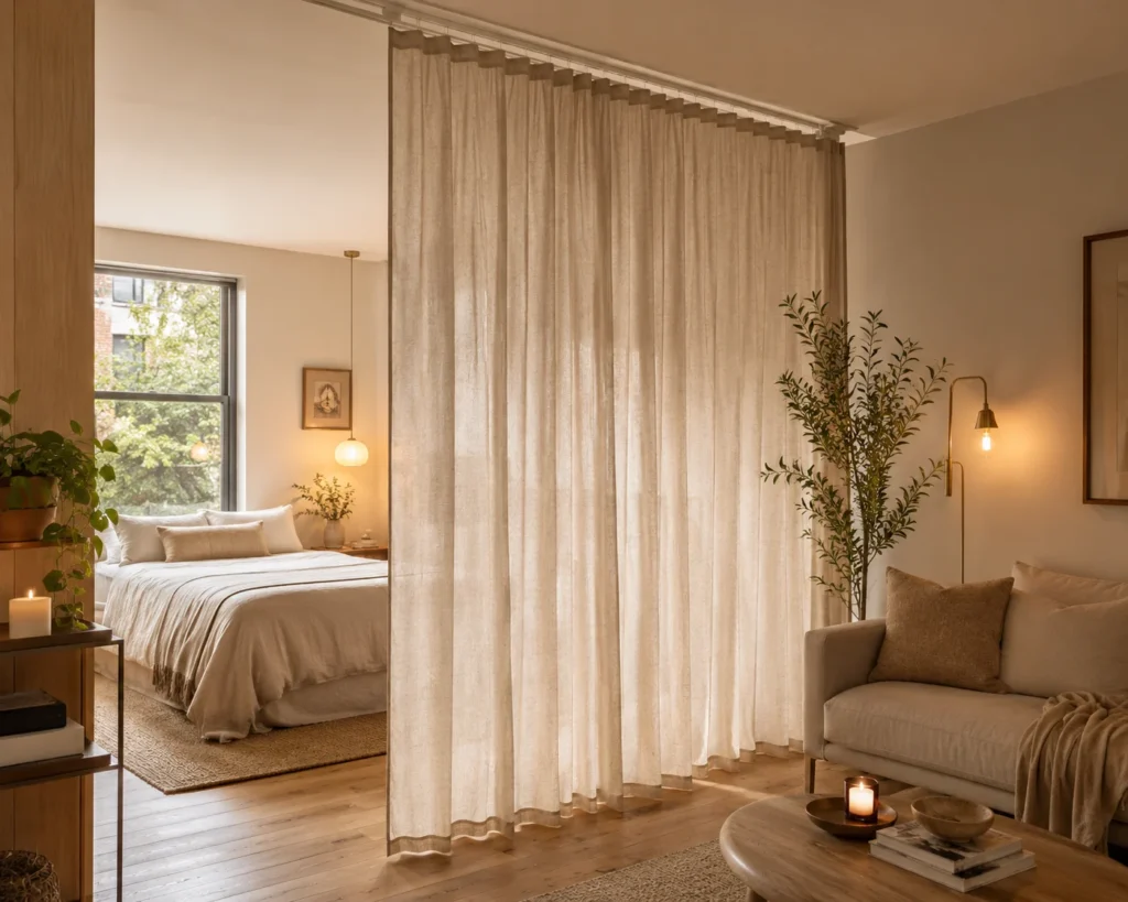 Ceiling-mounted curtain room divider with soft fabric panels separating a bedroom area.