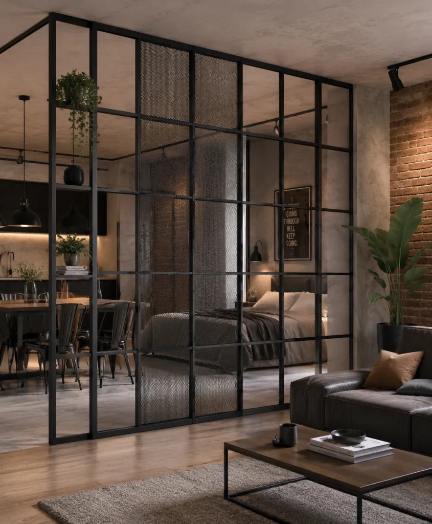Slim black metal frame divider with open geometric sections in a modern living room.