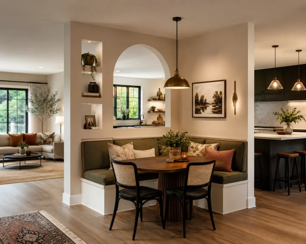 Dining nook with built-in banquette seating and a partial partition defining the eating area.