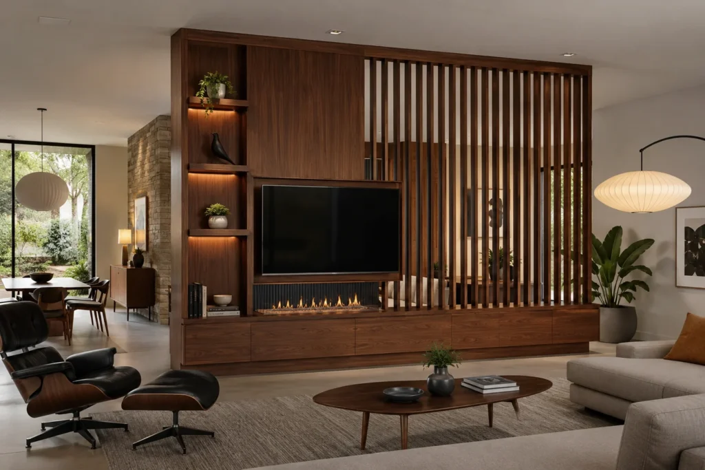 Statement accent wall divider with textured wood paneling defining a home office zone.