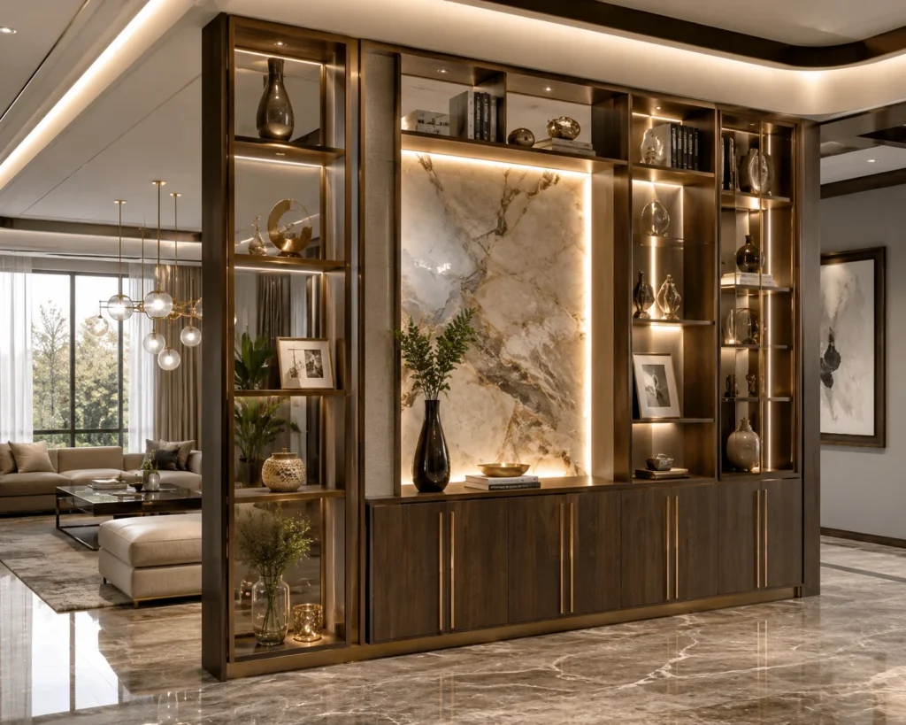 Multifunctional room divider combining open shelving, closed cabinetry, and integrated lighting.