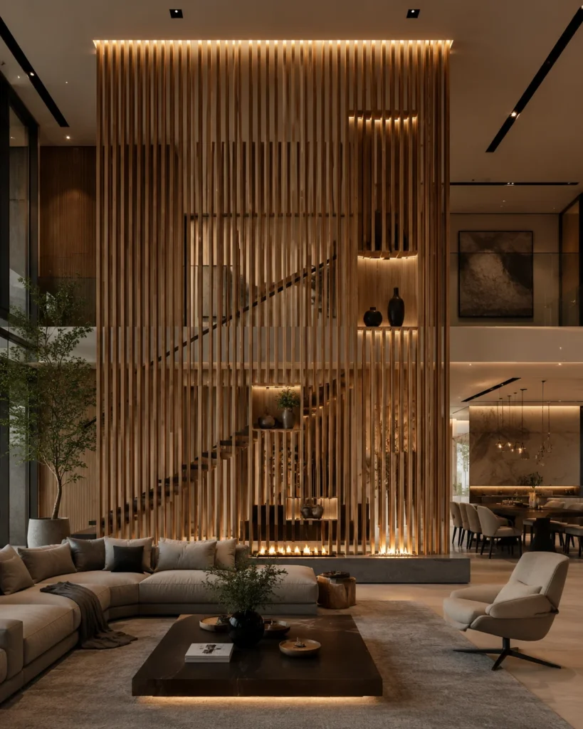 Floor-to-ceiling oak wood slat divider separating two living areas while preserving an open view.