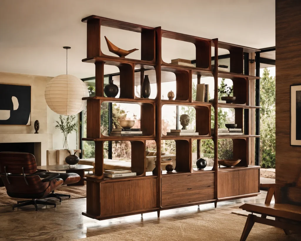 Sculptural mid-century walnut bookshelf with asymmetrical compartments dividing an open living space.
