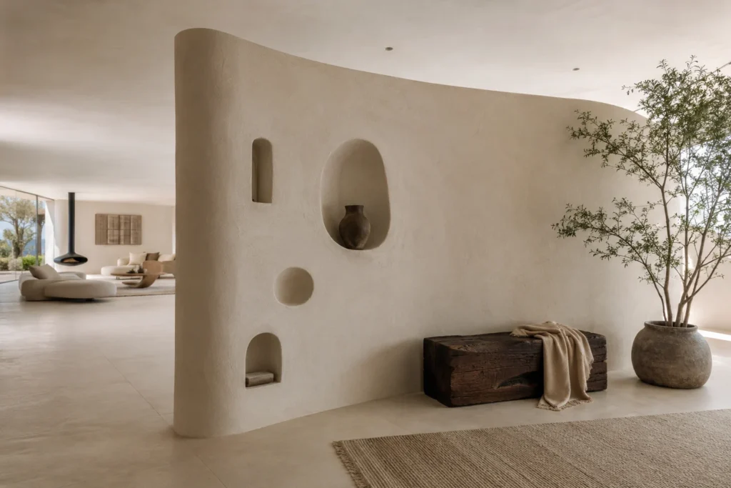 Curved plaster architectural divider creating a sculptural boundary in an open-plan living room.
