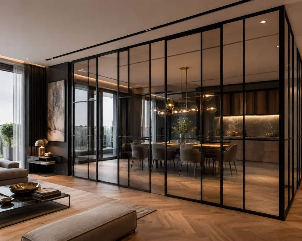 Floor-to-ceiling black steel-framed glass partition separating modern living spaces.