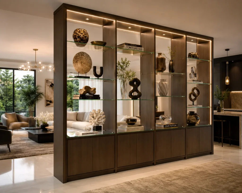 Double-sided luxury display cabinet with glass shelves, decorative objects, and integrated lighting.