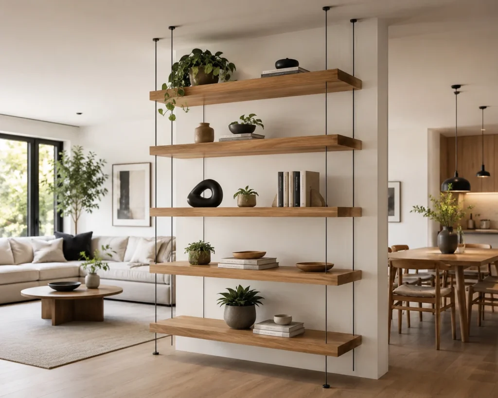 Thick floating wood shelves creating an open architectural divider between living and dining areas.