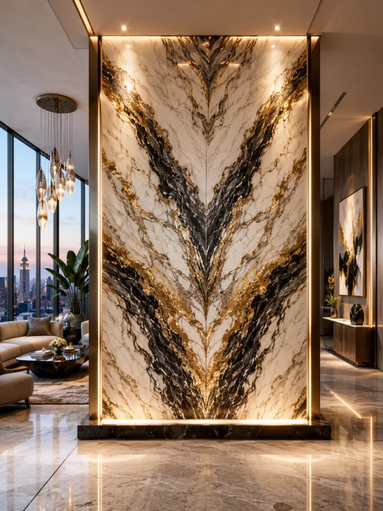 Bookmatched marble feature divider with dramatic natural veining in a contemporary interior.