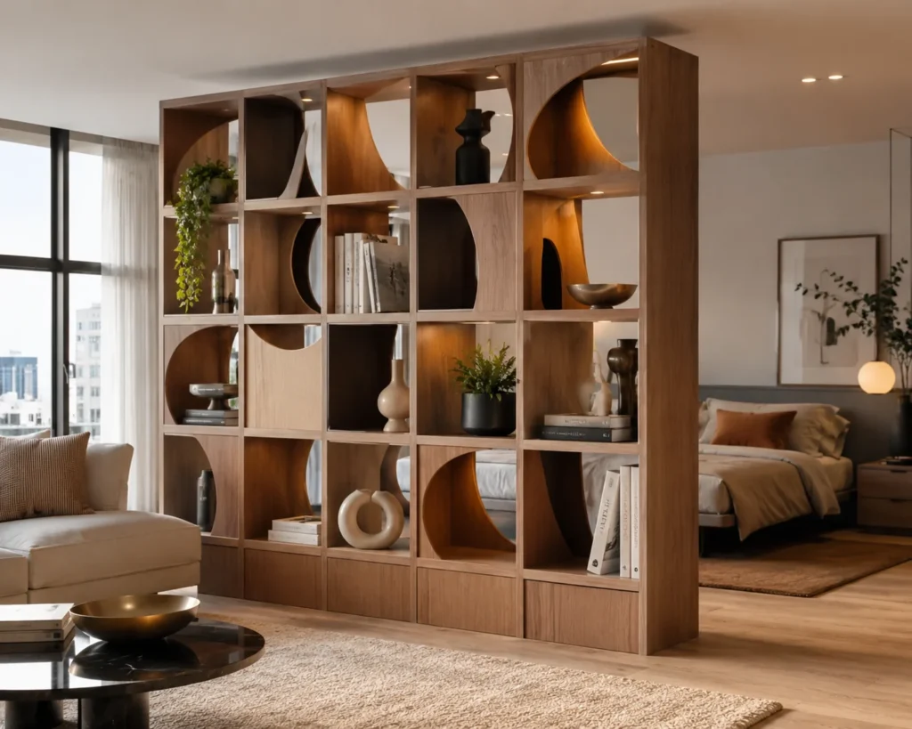 Open cube shelving divider with geometric compartments, books, ceramics, and empty display spaces.